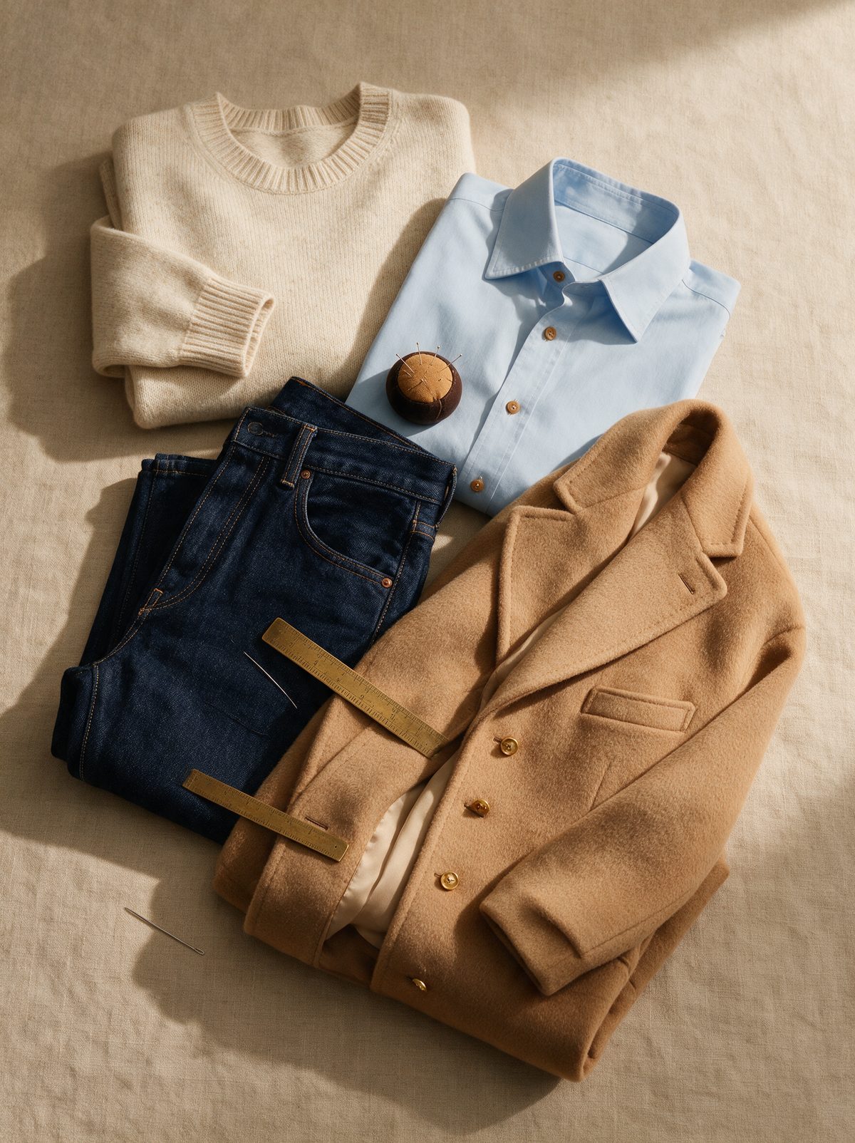 Premium-Konfektion, gefaltete Strickware, Hemd, Denim und Wollmantel in ruhiger Farbwelt.