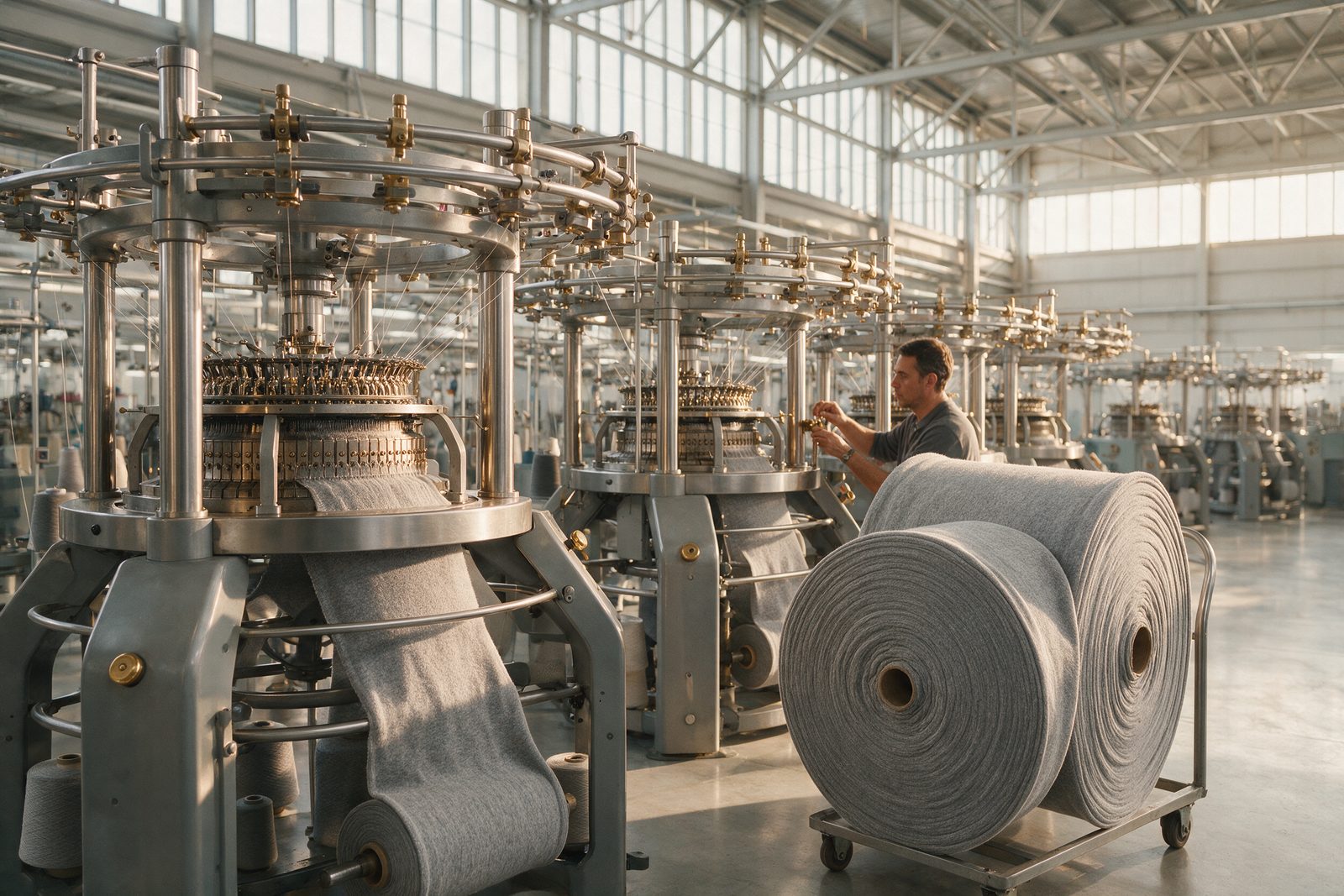 Moderne Rundstrickmaschinen und frische Jersey-Rollen in einer hellen Produktionshalle.