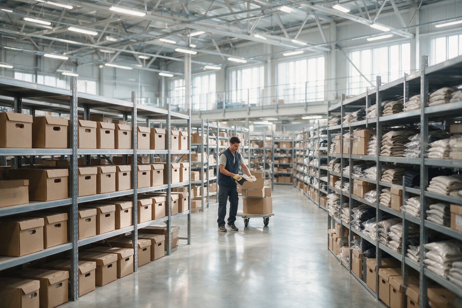 Aufgeräumtes Logistiklager mit Regalreihen, Kartons und Kommissionierung.