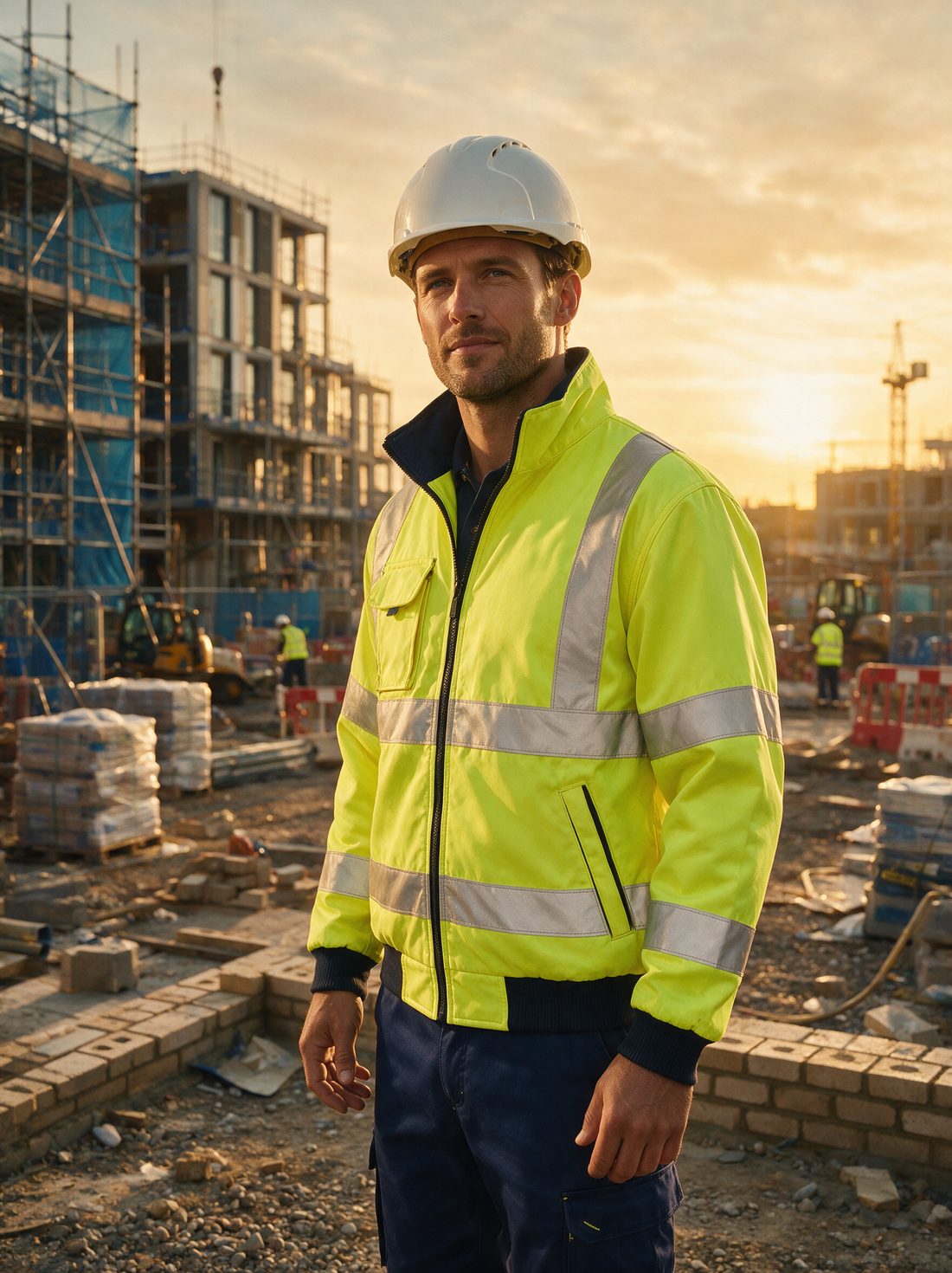 Fachkraft in hochwertiger Warnschutzkleidung mit Reflexstreifen auf einer modernen Baustelle.